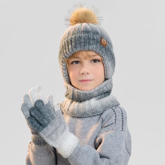 3Pcs/Set Kids Winter Knitted Scarf Gloves Set Pom Pom Ball Rainbow Color Brimless Hat Touchscreen Gloves Neck Warmer Set