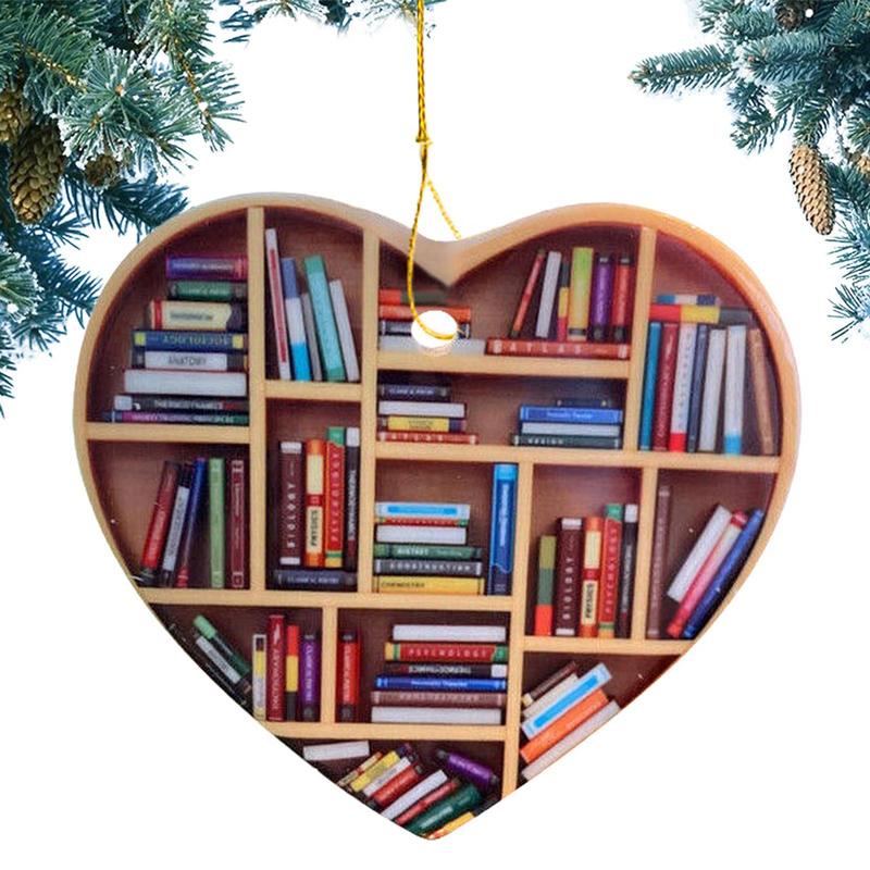 Book Lovers Ornaments Wooden Heart Shaped Bookshelf Reading Pendant Christmas Tree Hanging Decoration Home Xmas Ornaments
