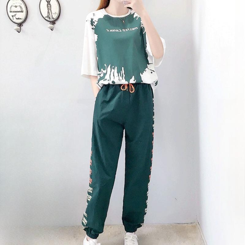 

Повседневный спортивный комплект для женщин, свободные летние брюки-харен, длинные, короткие рукава, студенческий комплект из двух предметов XXXL зелёный