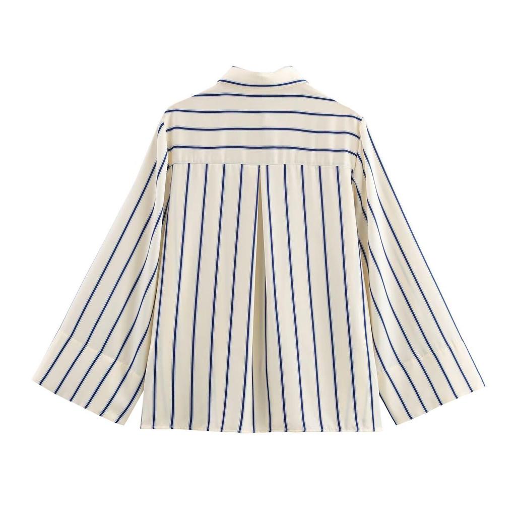2025 Spring Women's Versatile Striped Wide-Sleeve Shirt with Turn-Down Collar