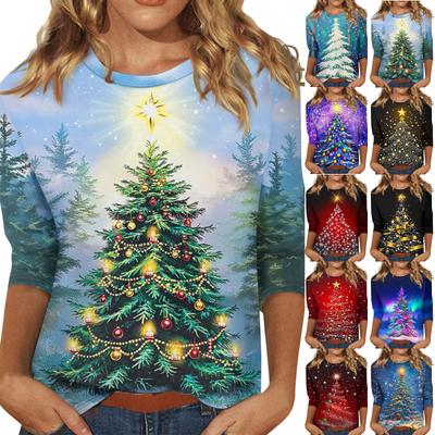 Women's Fashion Casual Three-quarter Sleeve Christmas PrintedNeck Top