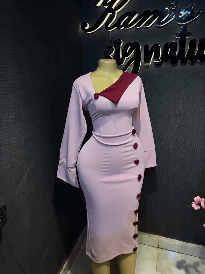 European and American fashion African pink dress design sense diagonal collar urban girl long sexy hip skirt S розовый
