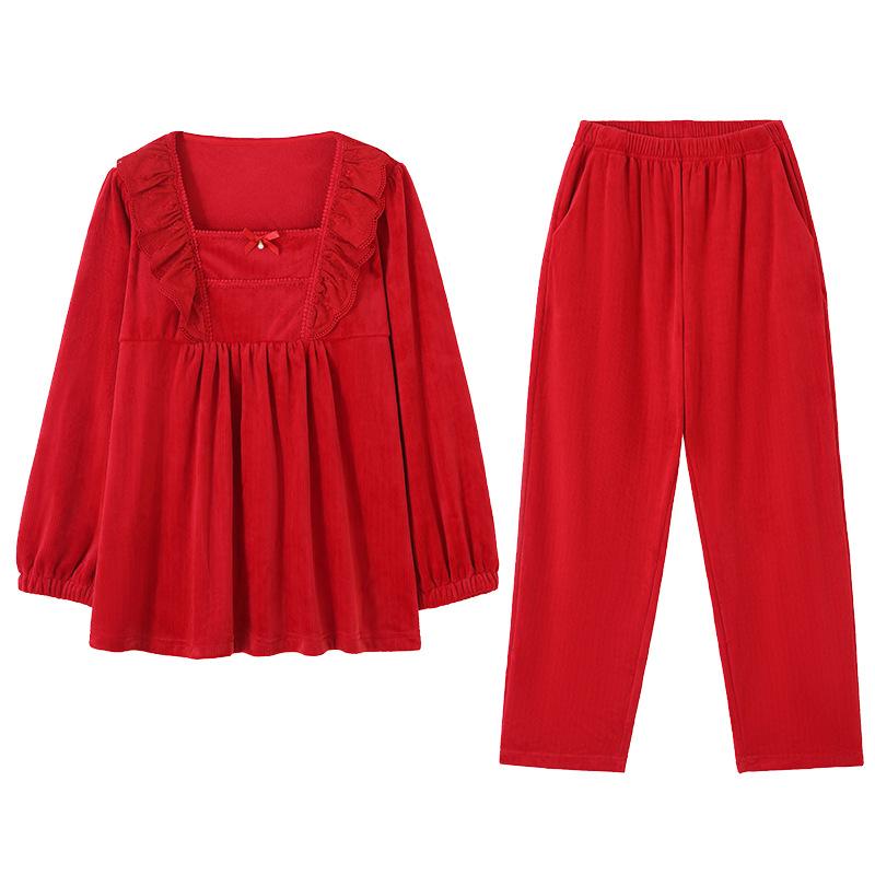 Pajamas Women'S Autumn And Winter Island Velvet Red Natal Year Women'S Thin Velvet Loungewear Suit Winter
