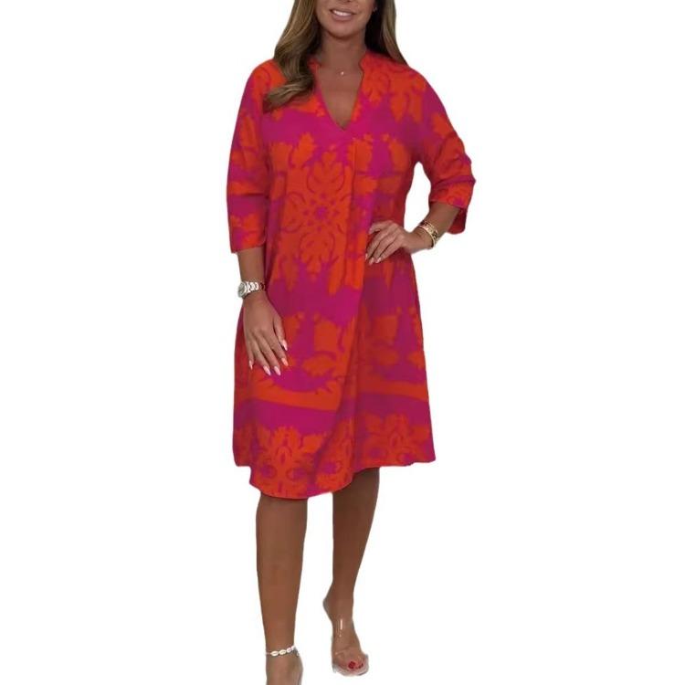 Women Floral Print Dress V Neck 3 4 Sleeve Midi Fall New Casual European American Style