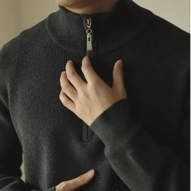 Men's Winter Long Sleeve V-Neck Zipper Polo Sweater 2024