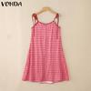 VONDA Women's Sleeveless Sling Plaid Casual Loose Pleated Tank Dress