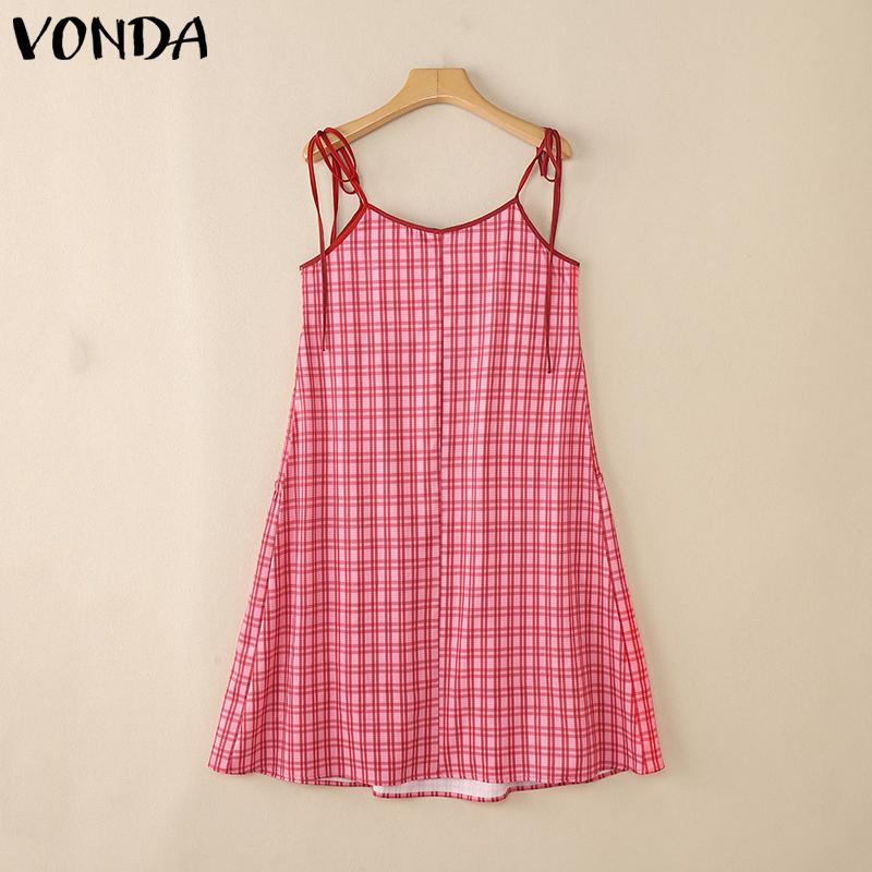 VONDA Women's Sleeveless Sling Plaid Casual Loose Pleated Tank Dress