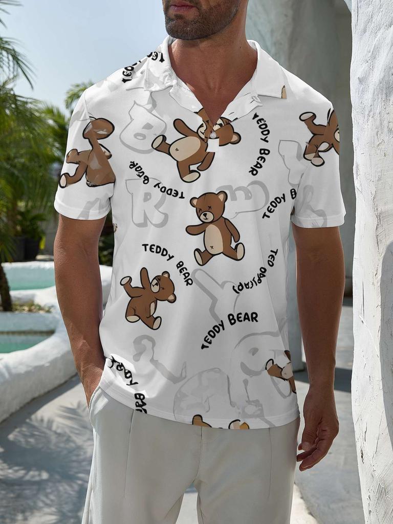 Men'S Short-Sleeve Polo Shirt with Flat Digital Print Design - No Texture - Featuring a Cute Teddy Bear And Text Print, Stylish And Easy Short