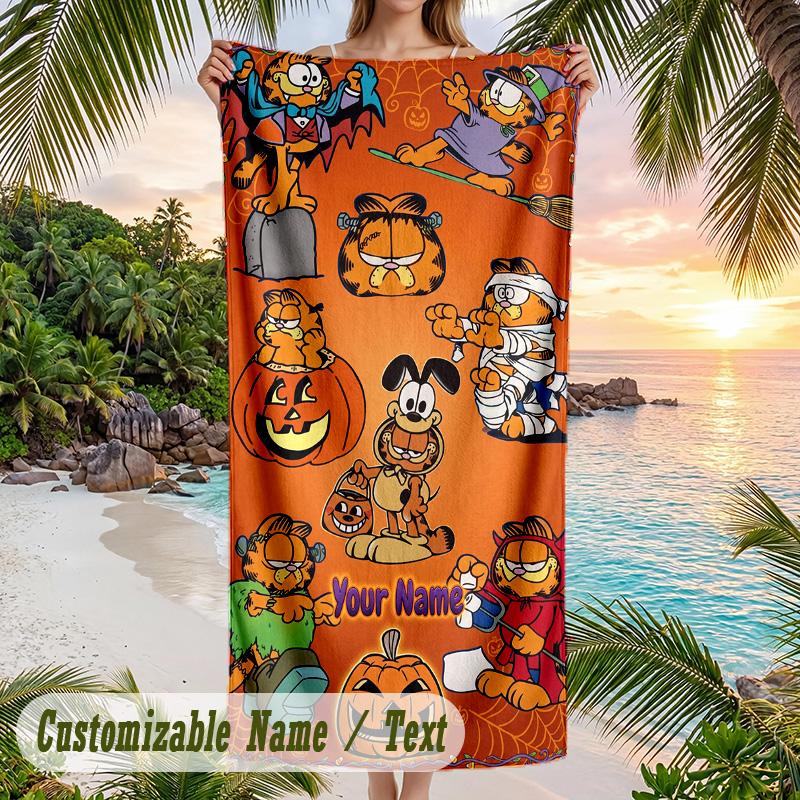 Garfield Beach Towel, Personalized Custom Text, Quick Dry Soft Large Towel For Swimming Pool Travel