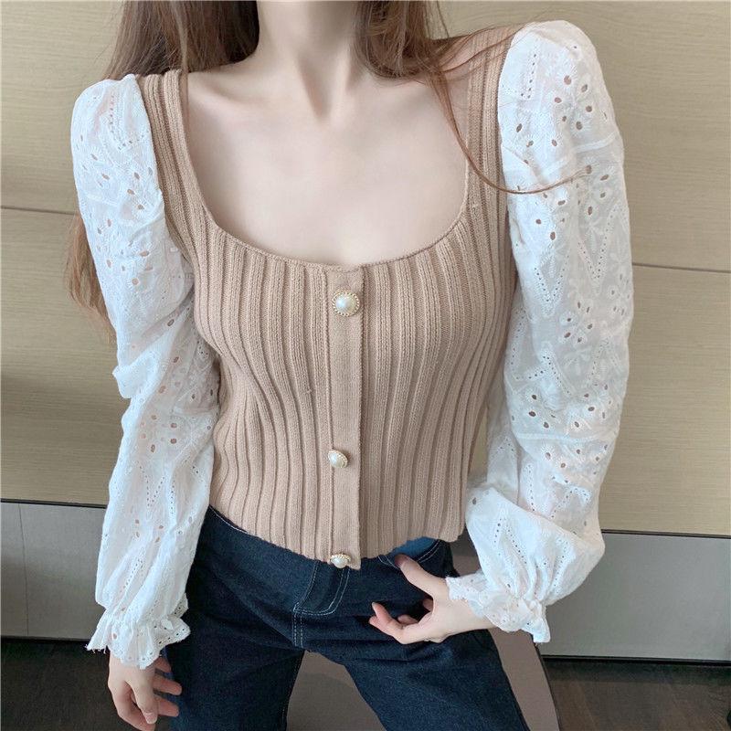 Women s Patchwork Chiffon Long Sleeve Top - 2025 Autumn Versatile Knit Base Layer Small абрикосовый
