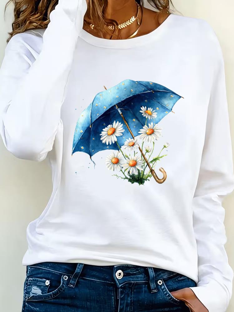 (Asian Size) Love Heart Watercolor Trend Tee Lady Printed O-neck Long Sleeve T Shirt Women Female Clothing Casual Fashion Top Graphic T-shirts