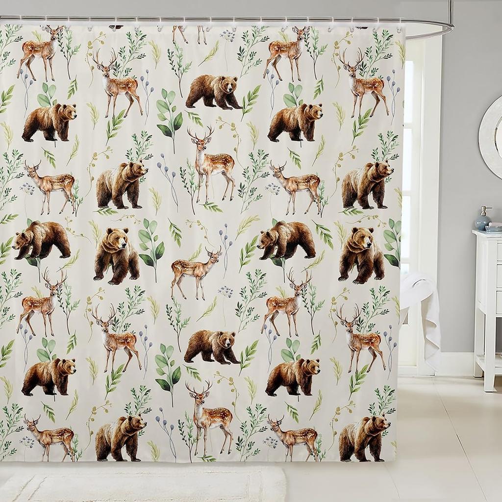 Erosebridal Bear Deer Hunting Shower Curtain,Cute Woodland Animal Waterproof Bathroom Curtains,Botanical Farmhouse Fabric Shower