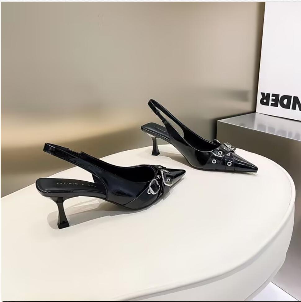 

Summer Women Heels Sandals Pointed Slingback Sandals Shoes Buckle Strap Metal High Heeled Kitten Heel Elegant Single Shoes Femal 42