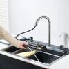 304 Stainless Steel Waterfall Kitchen Sink Faucet Set with Large Single-slot Integrated Digital Display Soap Dispenser 75*45 Cm