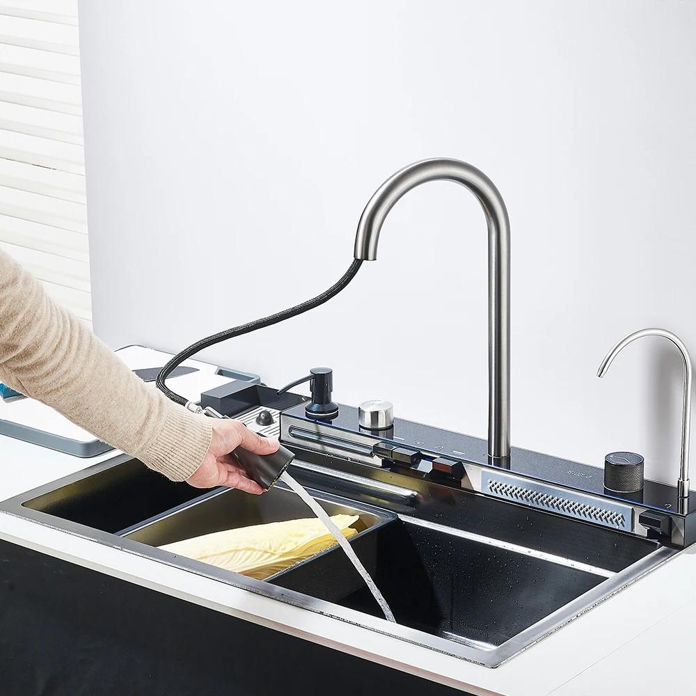 304 Stainless Steel Waterfall Kitchen Sink Faucet Set with Large Single-slot Integrated Digital Display Soap Dispenser 75*45 Cm