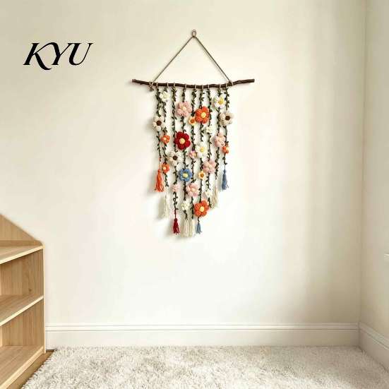 Handcrafted Fabric Wall Hanging Crochet Flower Garden Hanging, Colorful Knitted Tapestry, Handmade Boho Whimsical Tapestry Farmhouse Art for