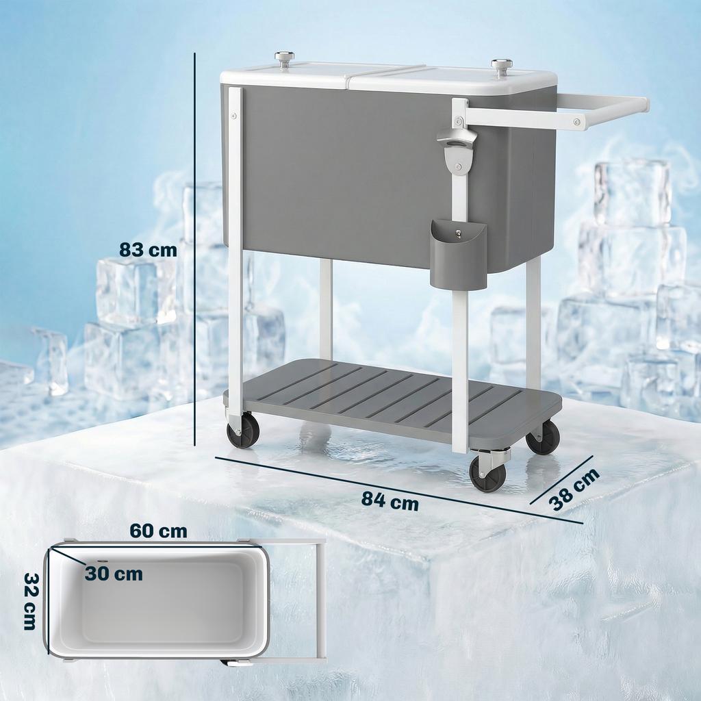 Cooler Cart with 56L Capacity, Serving Cart with Wheels, Bottle Opener, Lower Shelf, Handle, Mobile Beverage Cart, Gray