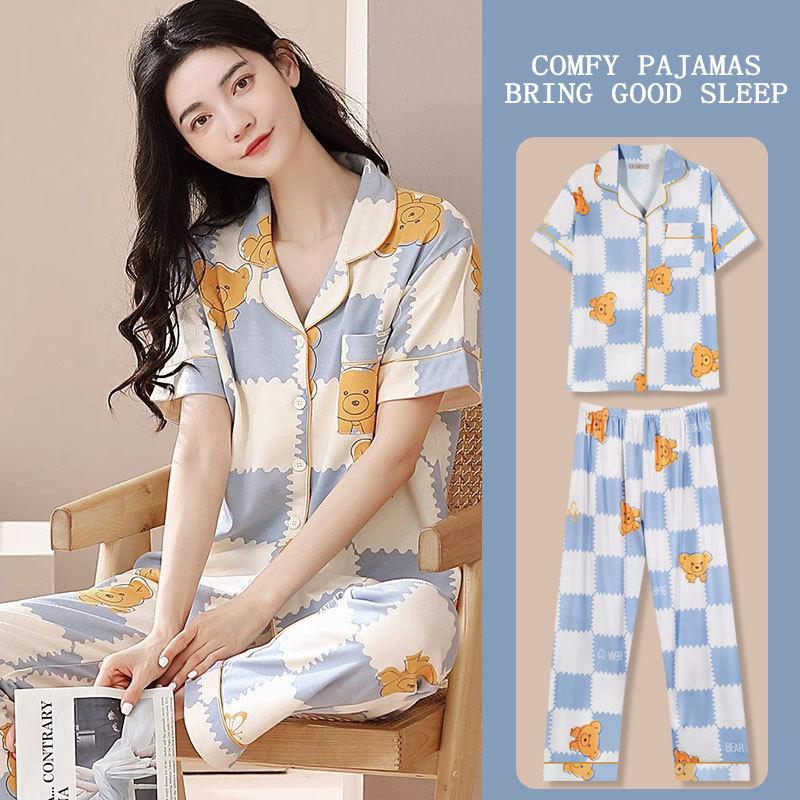 Japanese Kitty Cat Pajamas Women's Summer Thin Short-sleeved Trousers Loose Plus Size Girl Raw Loungewear Set