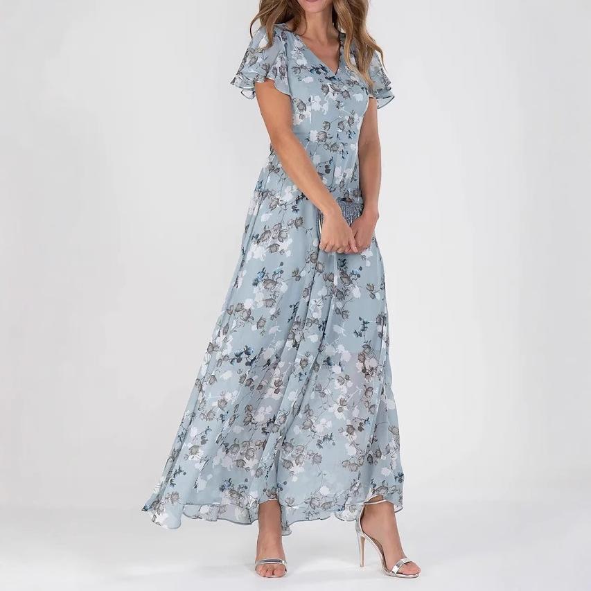 New beach pendulum long dress chiffon floral short-sleeved ruffle V-neck fashionable waist dress