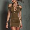 Women's Elegant Sporty Off Shoulder Stretch Contrast Stripe Bodycon Mini Dress Summer
