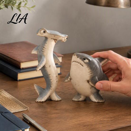 Whimsical Home Accents Funny Shark Duo Figurine, Resin Standing Desk Ornament for Office Accessories Living Room Bedroom Table Decor, Cute Collectible