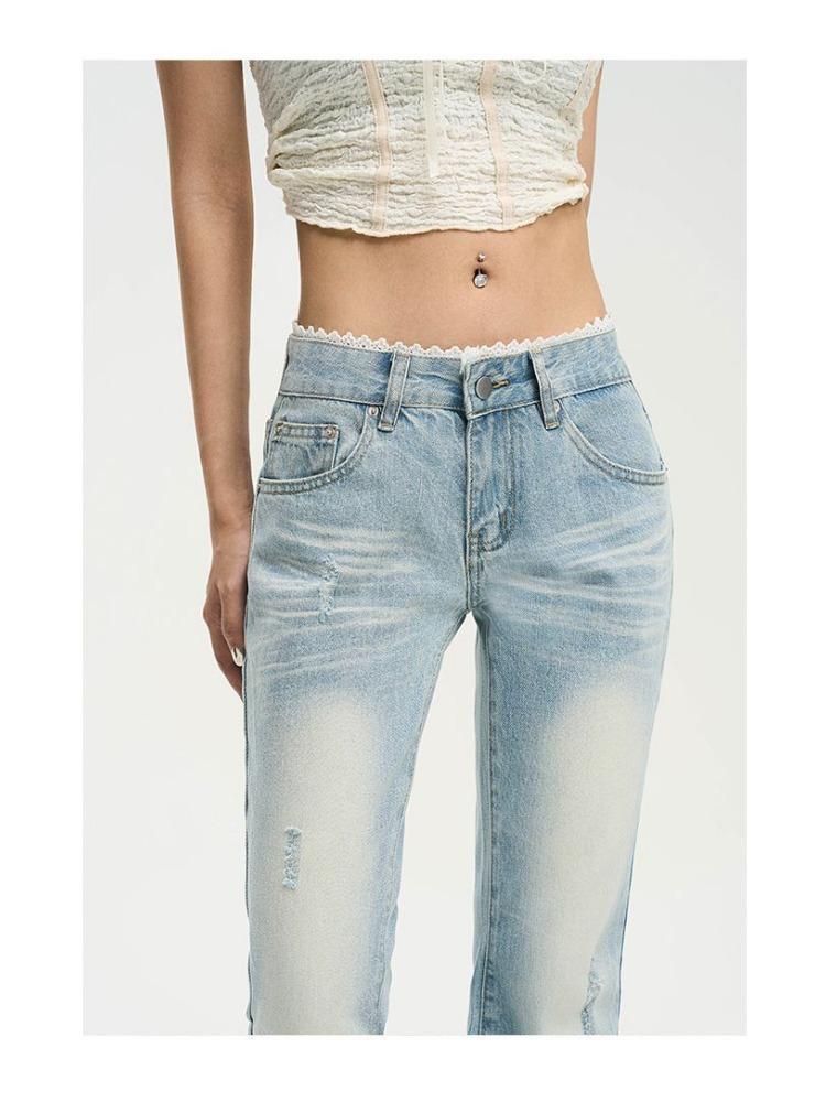 Lace Big Yards Light Blue Micro Flare Jeans Female Lace Low Waist Not Sticky Legs Skinny Straight Trousers Jeans for Women Long Denim Pants