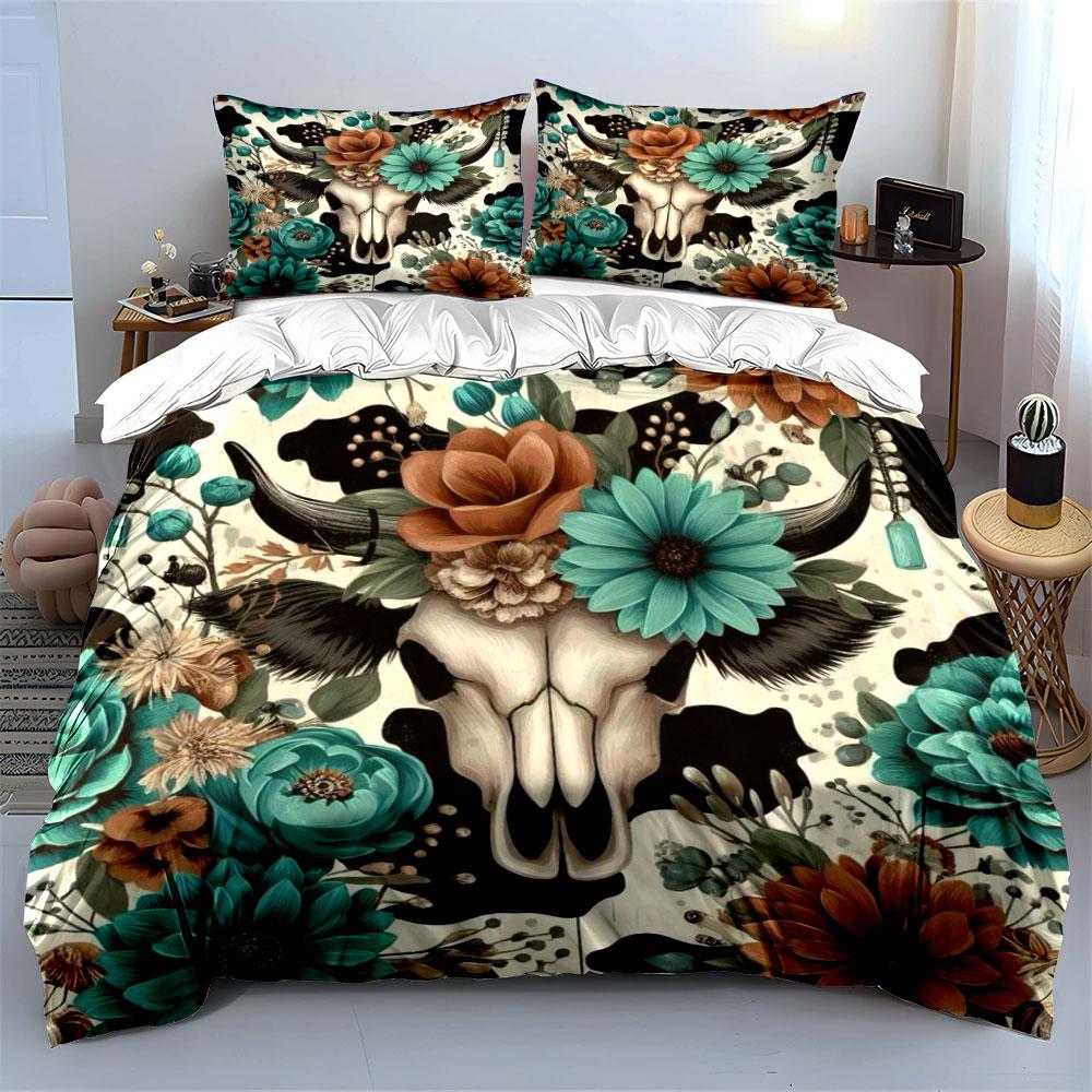 Floral Bull Skull Bedding Set Bedding Duvet Cover Set Duvet Cover Pillowcases (1 * Duvet Cover 2 * Pillowcases, Without Duvet Insert)
