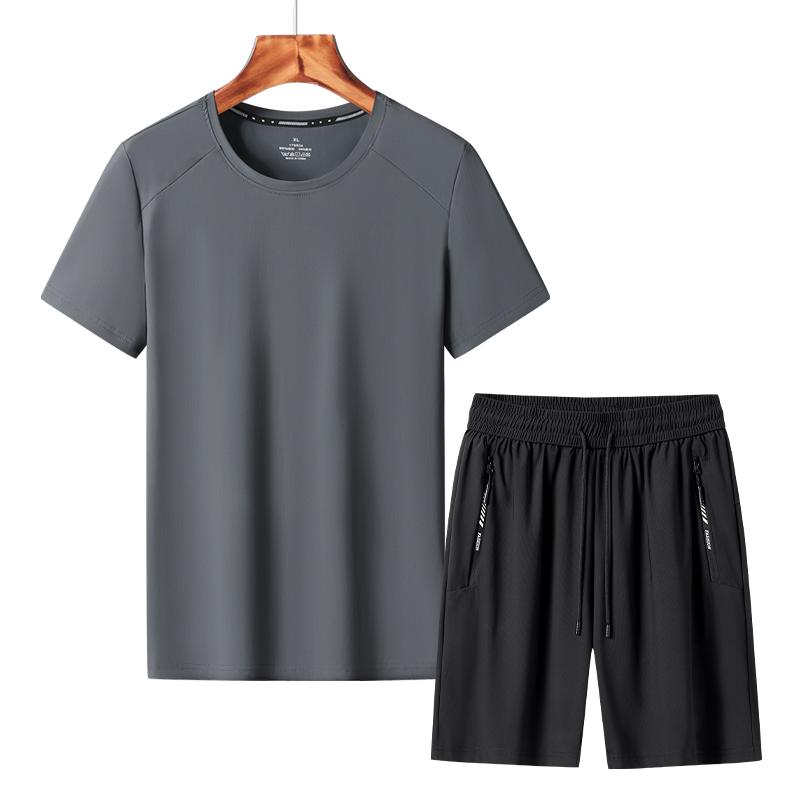 Ice Silk Quick-drying T-shirt Men's Five-piece Pants Two-piece Set Breathable Round Neck Short-sleeved Suit Men's Sports Shorts Suit