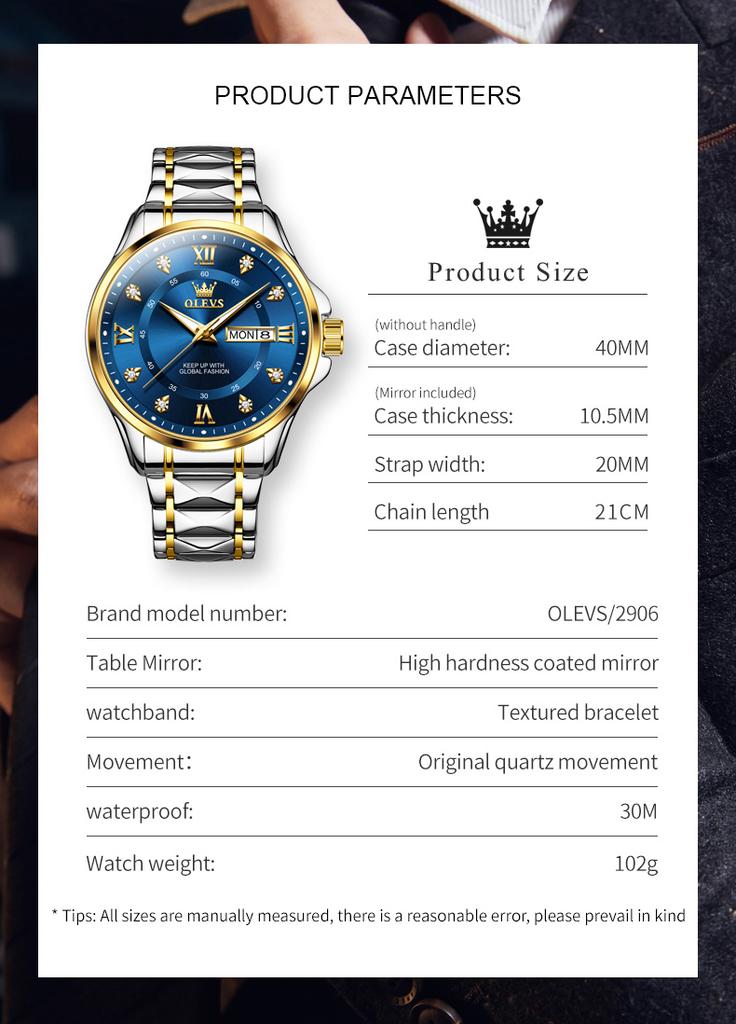 OLEVS 2906 Men's Quartz Wristwatches Dual Calendar Stainless Steel HD Luminous Waterproof Original Business Man Watch