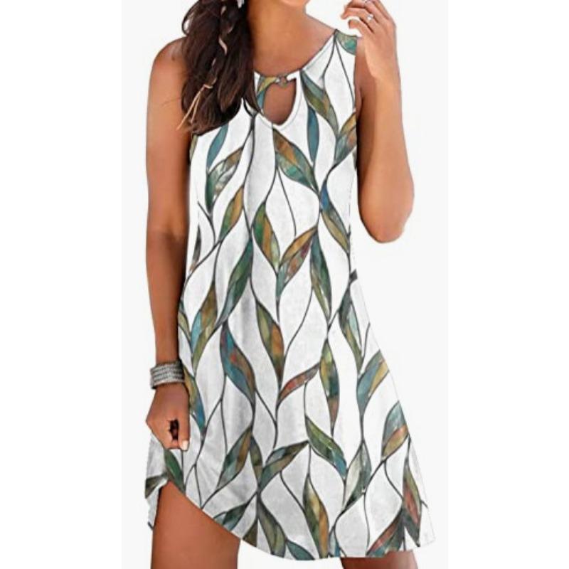 Spring Casual Style Japan and South Korea Casual Women's Printed Round Neck Big Swing Dress