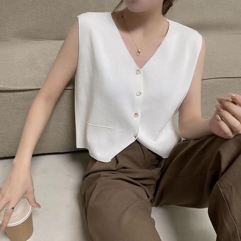 Causal Brief Women's Tank Top Single Breasted Retro V Neck Knitted