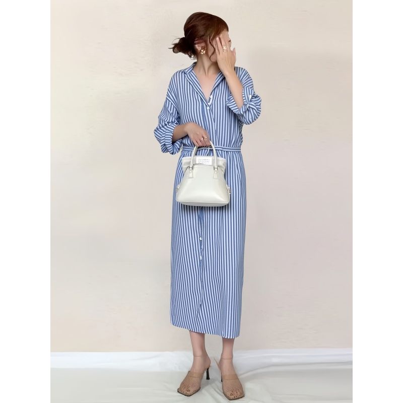 Japanese and Korean Spring New Arrival Work Clothing Ol Artsy Polo Collar Stripes Belt Mid Length Long Length Long Sleeves Shirt Dress Dress