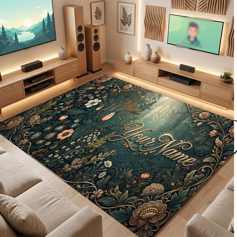 Mushroom Forest Theme Crystal Velvet Floor Rug Personalized Custom Name Text Warm Carpet Home Decoration