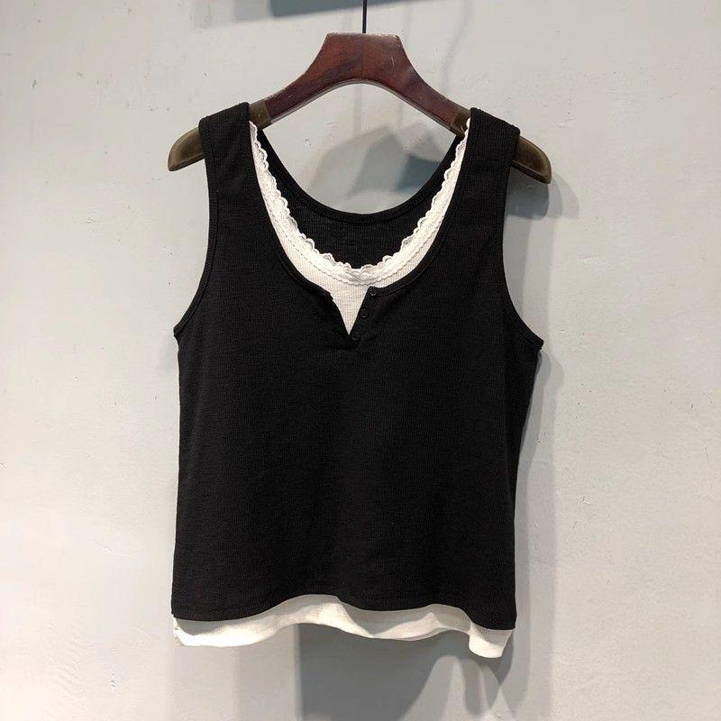 Women s Slim Fit Contrast Patchwork Sleeveless Lace Trim Top (2-300 Jin) XL for 75-95 kg чёрный