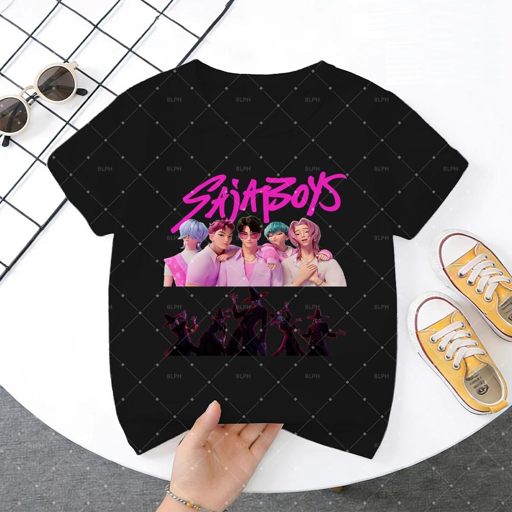 Stylish SAJABOYS KPop Demon Hunters Print Kids T-Shirt, Trendy Cartoon Character Tee for Boys and Girls