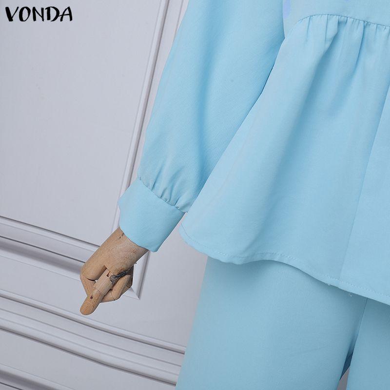 VONDA Two Piece Suit Women Deep V Neck Long Sleeve Blouse and Pants Casual Sets