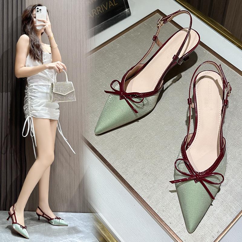Fuxing - Tacones altos de aguja con punta francesa y lazo para mujer: elegantes sandalias de punta cerrada para el verano