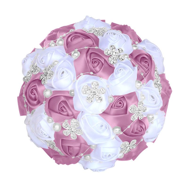European & American Elegant Ribbon Flower Bridal Bouquet – Beaded Five-Flower Design