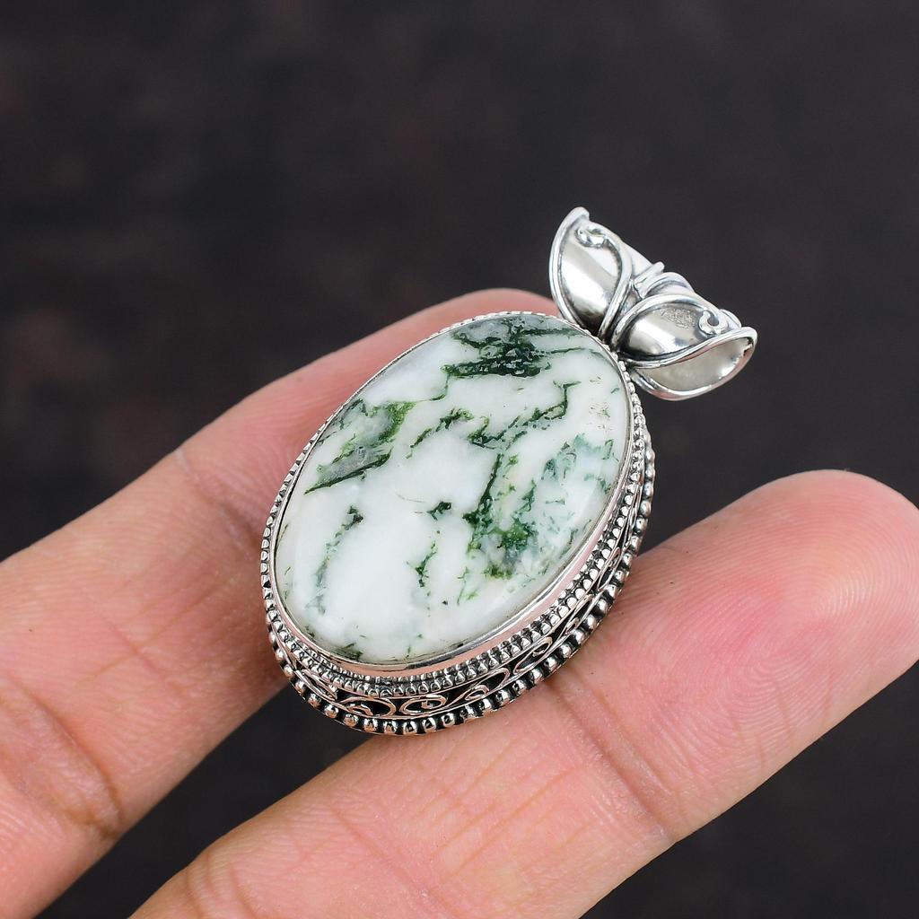 Tree Agate Pendant Genuine Gemstone Pendant Decent Jewelry  925 Sterling Silver Pendant Vintage Pendant Handmade Boho Pendant Wedding Gifts