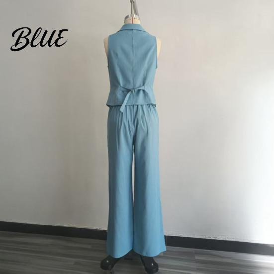 Women Two-piece Women's Summer 2 Piece Business Work Outfits Sleeveless Button Slim Fit Suit Down Vest And Wide Leg Pants Matching Set Clothing