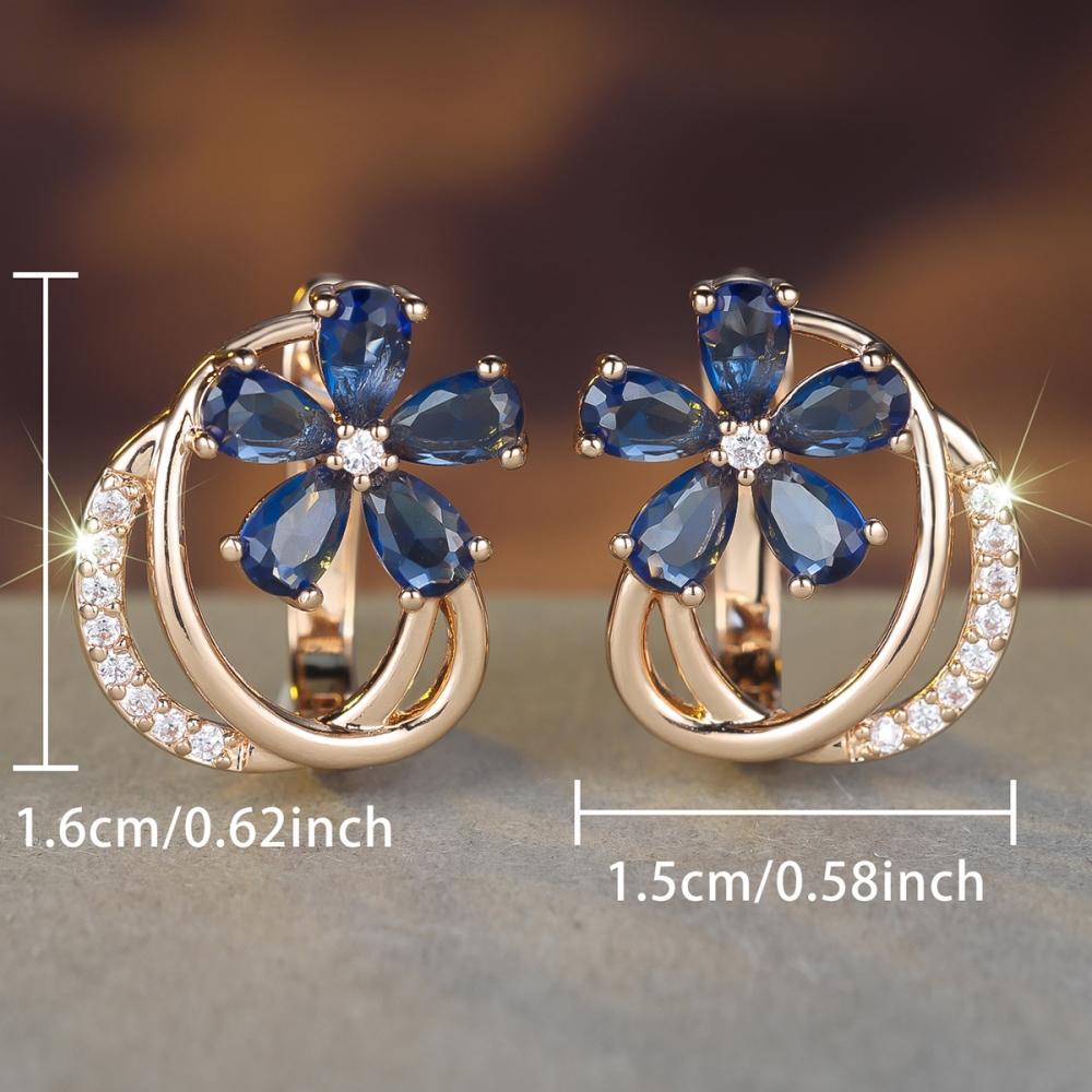 Vintage Blue Cubic Zirconia Flower Earrings for Women Luxury Gold Color Wedding Earrings Party Jewelry