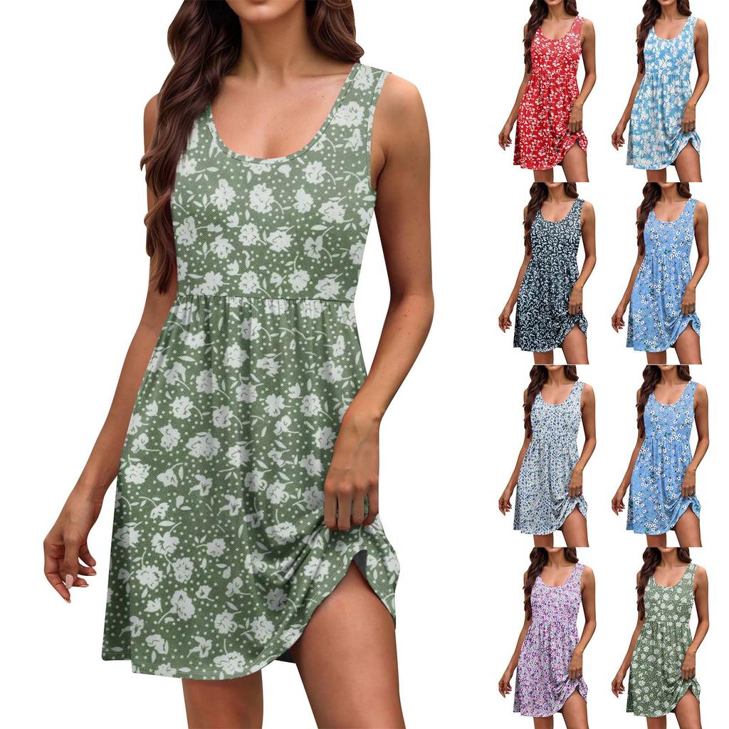 Women's Summer Fashion Tank Dress A-Line Sleeveless Casual Floral/Solid Pocket Dress