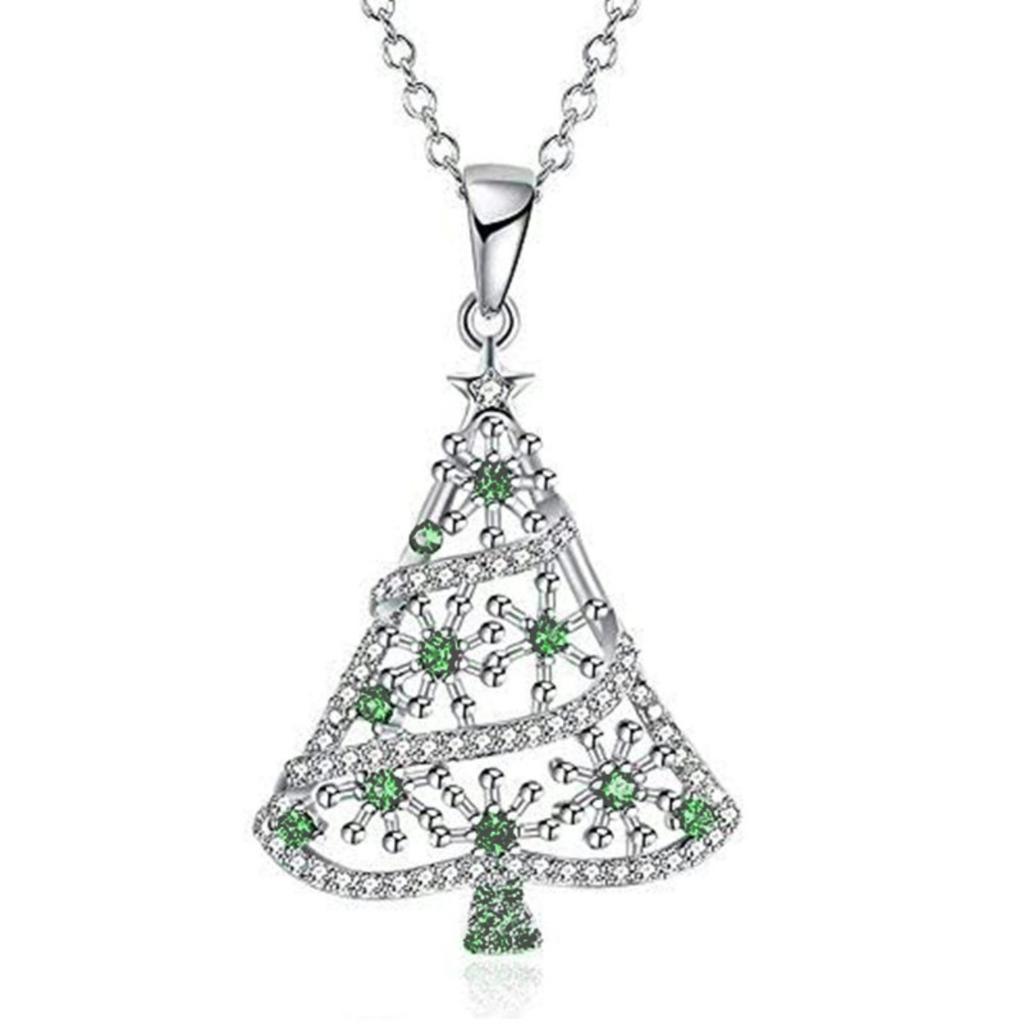 Hollow Christmas Tree Star Top Mixed Green and Clear Stone Pendant Holiday Women Clavicle Necklace