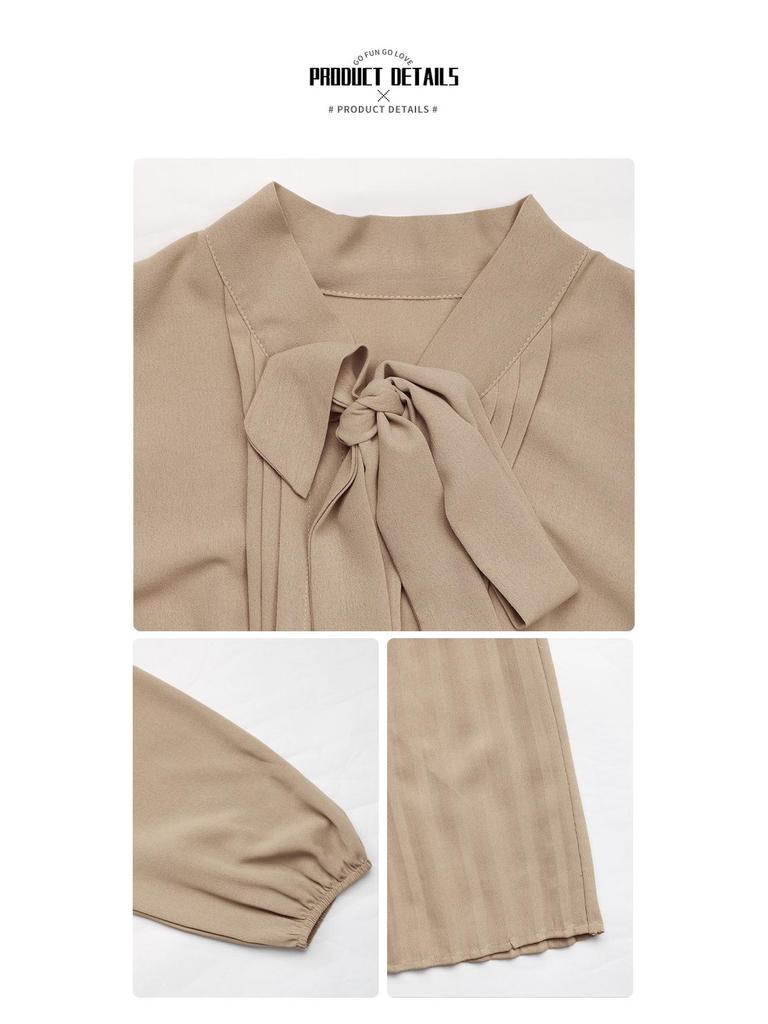 Elegant Pleated Skirt Dress with Bow Tie Collar and Puff Sleeves