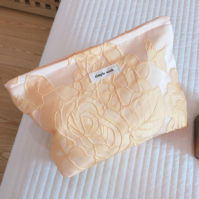 

148 Women Embossed Flower Canvas Makeup Bag Travel Toiletry Organizer Cosmetic Pouch Yellow