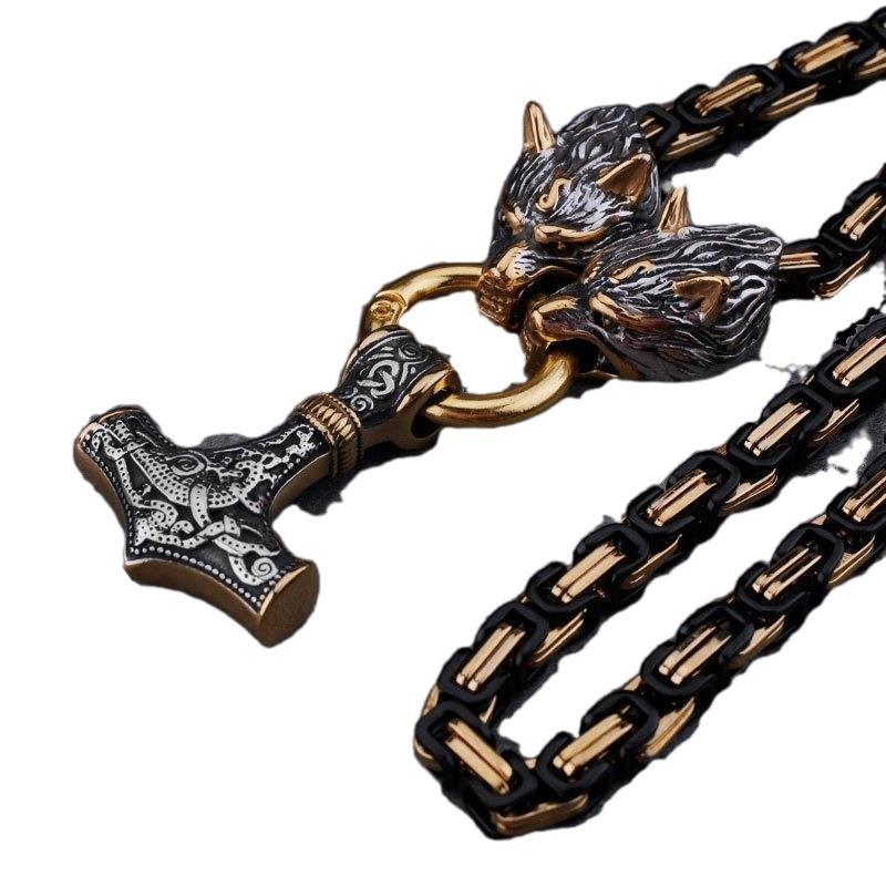 Viking War Hammer Pendant Wolf Head Necklace Men's Amulet Retro Jewelry