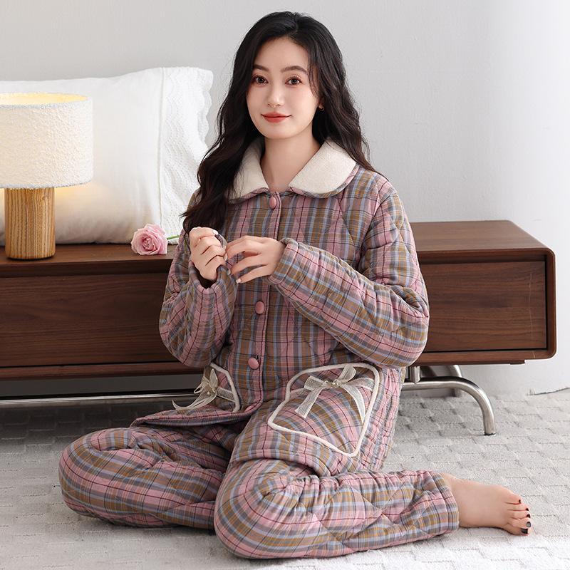Winter Pajamas Women's New Woven Plaid Clip Padded Jacket Three-layer Warm Suit Velvet Thickened Outer Wear Loungewear