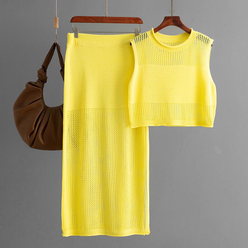 Tailored Hollow Sleeveless Vest Set For Summer Knitted Slit Skirt Two-piece Set