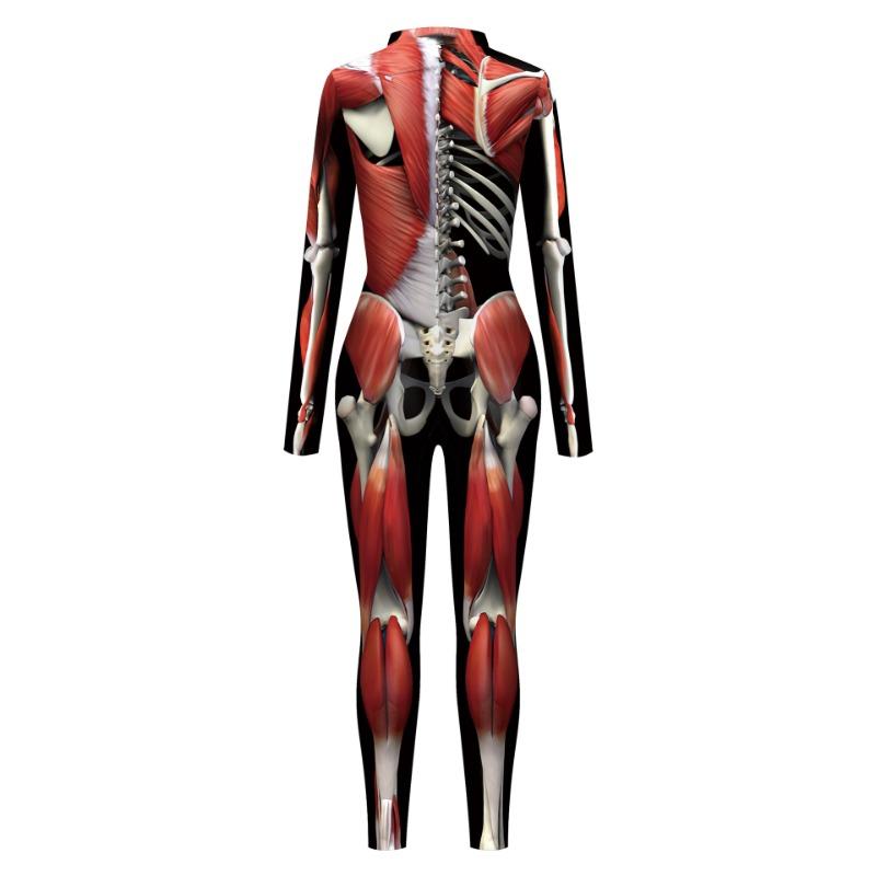 New Halloween Muscle Human Skeleton Digital Printing Button Hand Skinny Elastic Women's onesie Women's