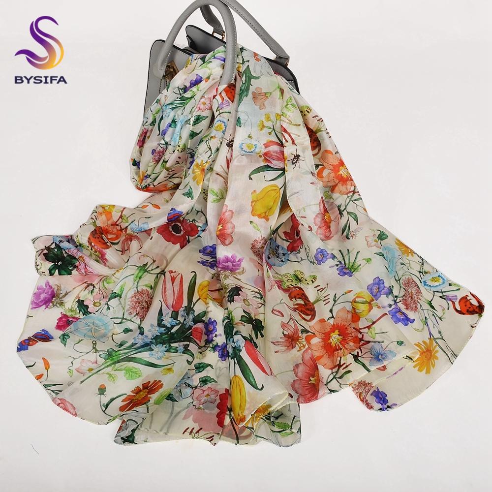 White 100% Mulberry Silk Scarf Shawl Women New Floral Design Summer Long Beach Shawl Luxury Ladies Neck Scarves Hijabs